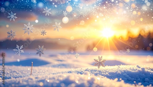 静かな空気の中に、繊細な雪の結晶がゆっくりと舞い降りる。遠い地平線から差す柔らかな光が、風景に温もりと感情を添える。