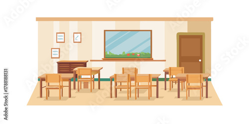 interior of a traditional school classroom with wooden floor and furniture.
