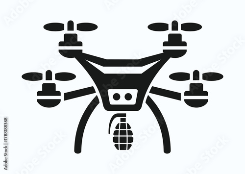 Quadcopter with hanging hand grenade, black and white vector silhouette