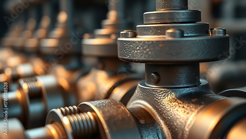 discontinuous. Metal nodules on industrial pipe valves reflecting light, metallic texture detail. safety posters, maintenance manuals, designed for industrial assembly lines and welding operations.
