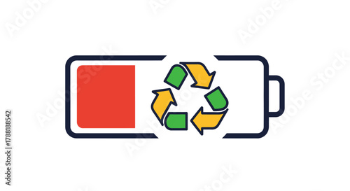 A battery icon with a red level indicator and recycling symbol, hinting at disposal and environmental responsibility