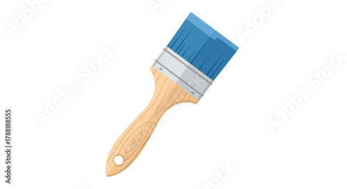 An isolated illustration showcases a standard paint brush. It features a wooden handle, metal band, and blue bristles against a white backdrop