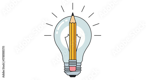 A lightbulb shape with a pencil inside, symbolizing ideas & creativity, with rays extending outward