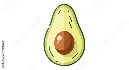 Vector illustration of a halved, green avocado with a brown pit, set against a clean white backdrop