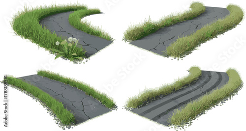 Create Set of original grass patch scene with road isolated on white background.