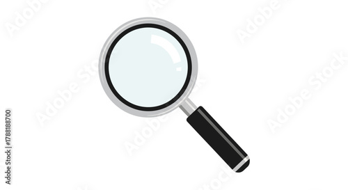 Vector illustration of a magnifying glass with a reflective lens and a black handle, angled upwards