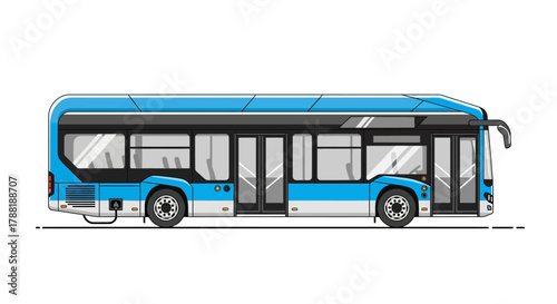A side view illustration of a modern, light blue and black public transportation vehicle with multiple windows and doors