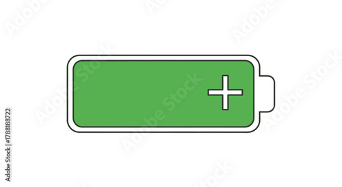 Simple icon depicting a green battery, mostly charged, with a plus symbol on its face, resting on white
