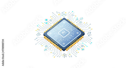 A stylized, isometric view of a central processing unit (CPU) featuring an "AI" symbol and surrounding circuitry against a white backdrop