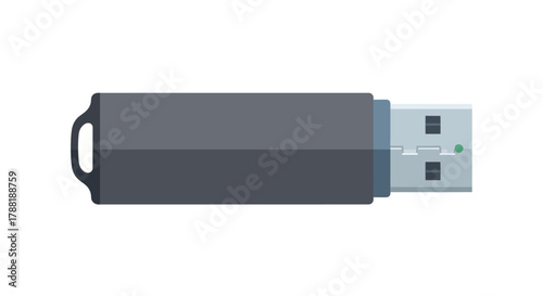 A gray rectangular device with a USB connector, depicted flat. It has a small loop on one end