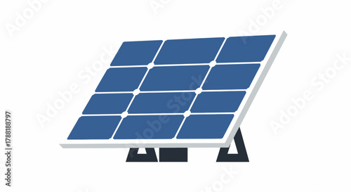 A blue rectangular array of cells, angled upwards on a white/gray frame and base. The sunlight source is implied