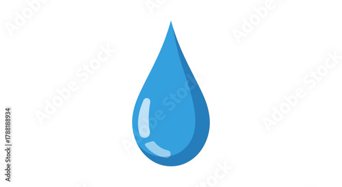 A single, stylized blue water droplet with a white highlight, against a clean white background. It's symmetrical and simple