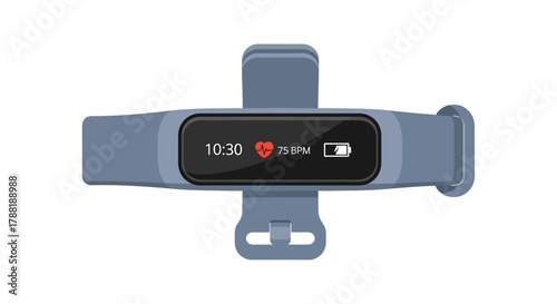 A blue fitness tracker displays time, heart rate (75 bpm), and battery level, resting on white