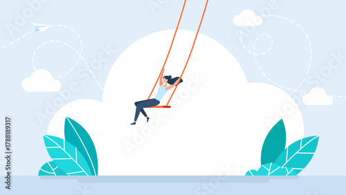 Woman swinging outdoor. Emotional swing. Happy girl spending time in nature, resting, relaxing, having good mood and fun. Leisure, happiness concept. Girl swinging on swing. Vector illustration