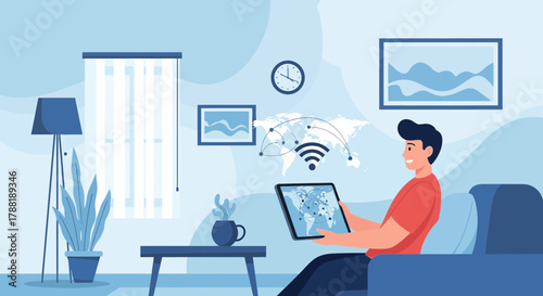 Connected world: Man using tablet with global network connection at home vector illustration