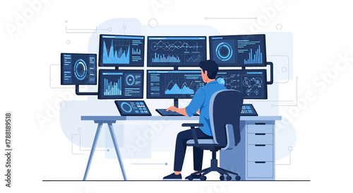 Data analyst monitoring multiple screens with financial market data and statistics