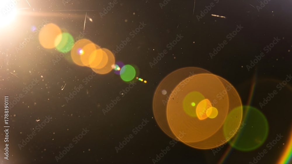 Fototapeta premium Bright sunlight lens flare effect with orange and green hues against a dark background