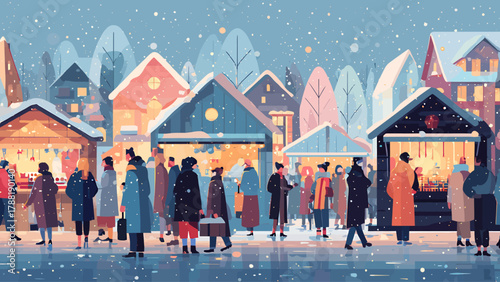 A vibrant flat design illustration capturing the festive atmosphere of a European Christmas market, with shoppers enjoying stalls under falling snow and warm lights. 