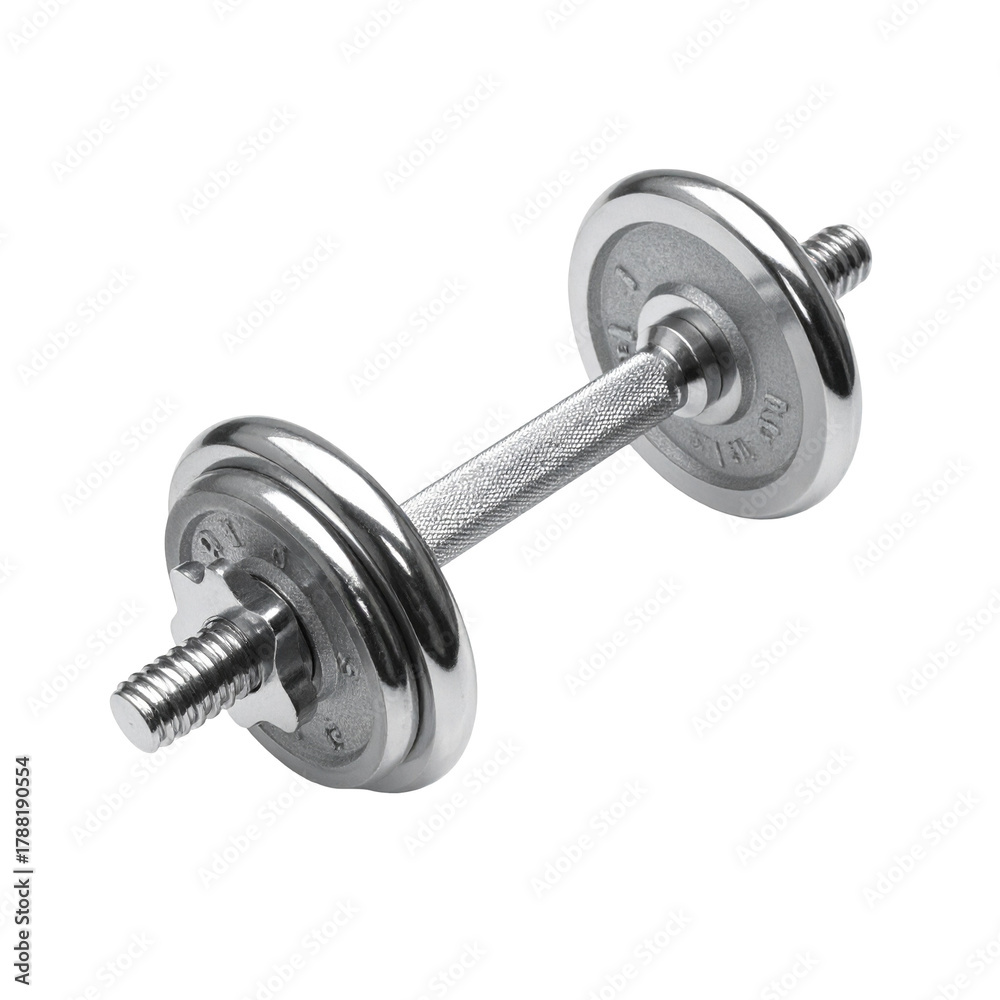 Naklejka premium Single chrome adjustable dumbbell with weight plates on a black background for strength training and fitness workouts