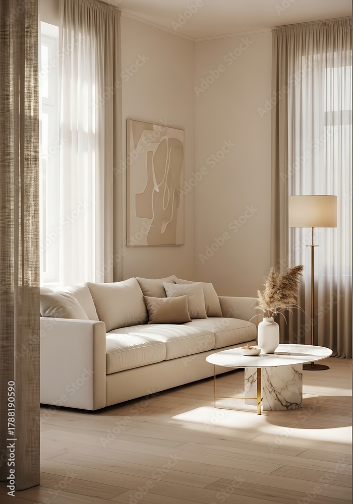 Fototapeta premium Elegant Interior featuring a Stylish Beige Couch and Neutral Accents