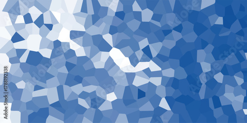 A vibrant abstract mosaic of geometric polygons in varying shades of blue and white, creating a crystalline or stained-glass effect with a bright, luminous quality