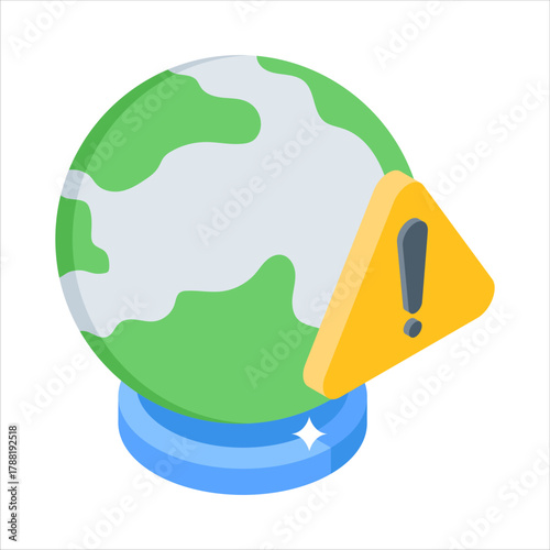 Earth with alert sign concept icon of global warming isometric style