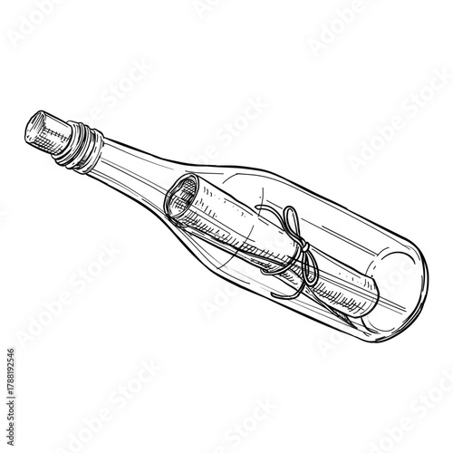 message in a bottle vector line art hand drawn illustration