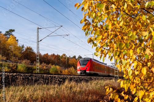 Train travelling through autumn nature outside Nuremberg city
