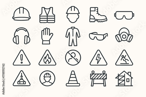 Construction Safety Icons — Protective Equipment and Warning Signs