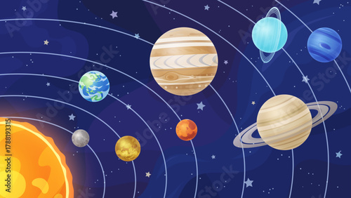 軌道上に太陽から順番に並んだ惑星のイラスト_16:9