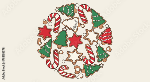A festive circular arrangement of hand drawn christmas cookies including trees stars candy canes and snowflakes on a light background