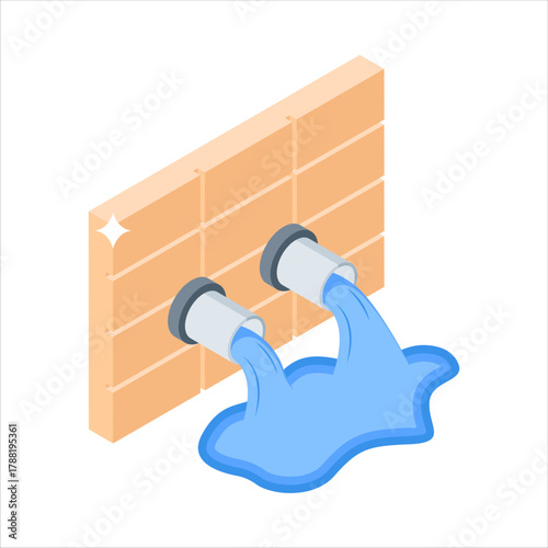 Isometric icon of polluted water leaking from industrial pipe into environment.