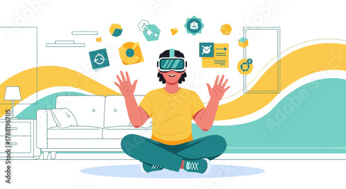 Experiencing virtual reality person wearing vr headset interacting with virtual interface