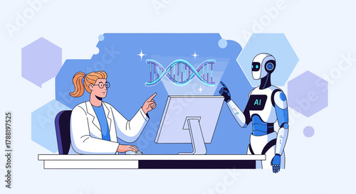 Futuristic collaboration: Scientist and AI robot analyze DNA data for medical advancements