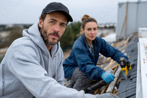 Two construction workers pause for a moment while roofing, showcasing determination and collaboration in their laborious tasks against a backdrop of a cloudy sky.