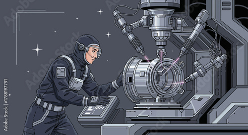 Futuristic Illustration of an Astronaut Operating Advanced Machinery in Space Facility