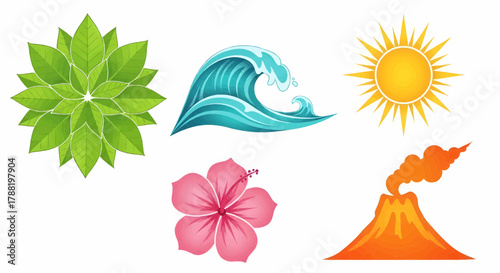 Vector collection of tropical elements including sun, ocean wave, volcano, leaf, and flower in bright summer theme.