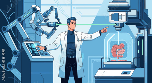 Futuristic medical research scientist working with robotic arms and organ simulation in a advanced