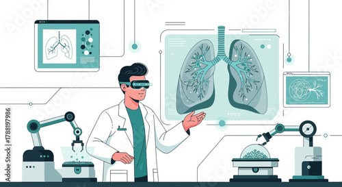 Futuristic medical research with virtual reality analyzing lungs in a high-tech lab environment