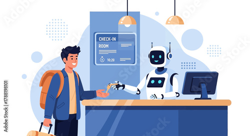 Futuristic travel experience: Illustration of a robot checking in a tourist at a hotel