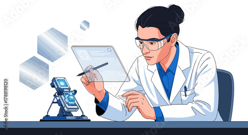 Futuristic scientist using advanced technology for research and development in the lab showing