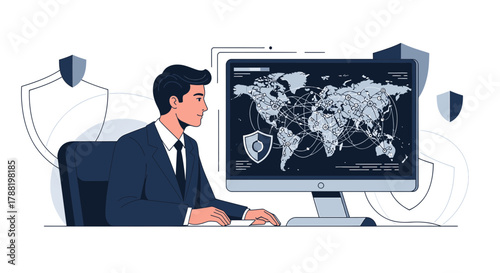 Global cybersecurity professional monitoring worldwide network for threats and vulnerabilities