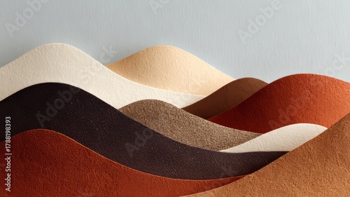layered paper-cut hills in coffee tones, smooth shadows, modern organic shapes