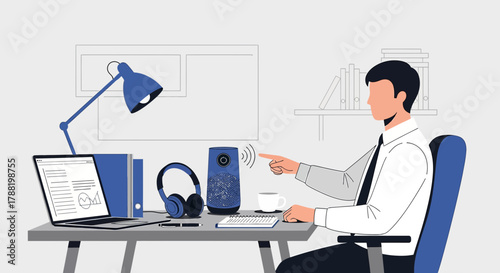 Illustration depicting a man interacting with a smart speaker in a home office setting