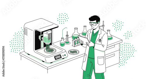 Illustration depicting a scientist using a 3D bioprinter in a modern laboratory setting for