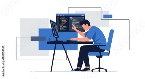 Illustration depicting a software developer working on code across two computer monitors