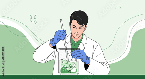Illustration of a dedicated scientist conducting experiment in a lab setting diligently and