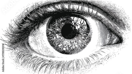 Detailed Black and White Human Eye Vector Illustration with Outline