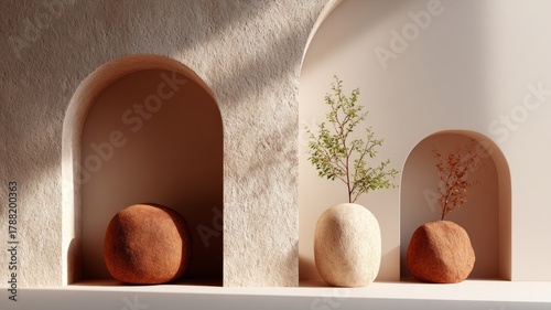 arched niches in milk chocolate plaster, subtle texture, soft window light, product-ready scene