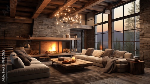 Cozy mountain lodge living room with roaring fireplace, plush sofas, and stunning sunset view through expansive windows